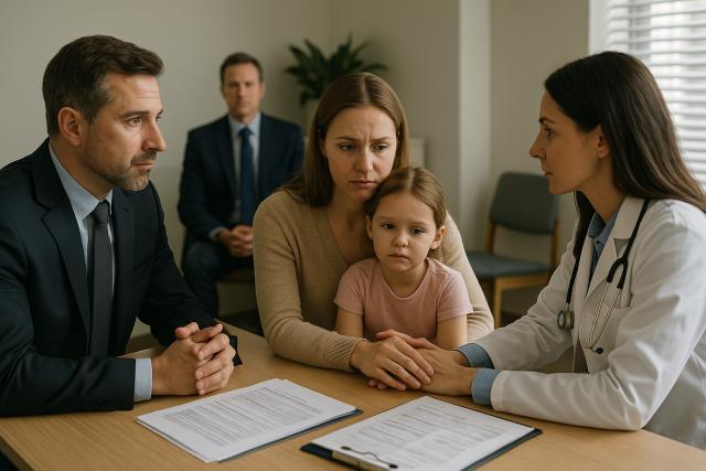 Concerned mother and child meet doctor and lawyer over respiratory misdiagnosis paperwork.