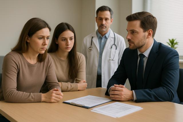 Worried mother and teenage daughter meeting with a medical-malpractice attorney across a desk covered in healthcare paperwork, while a concerned doctor looks on in a softly lit examination office.