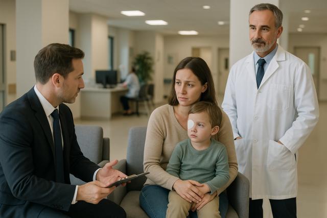 Concerned mother holding her young son with an eye patch in a modern hospital waiting area, speaking with a lawyer while a pediatric doctor stands nearby.