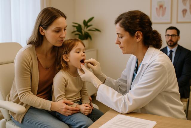 Female pediatric dentist gently examining a young girl’s mouth as she sits on her mother’s lap in a softly lit, welcoming treatment room, while a discreet legal advisor in a suit observes from the background.