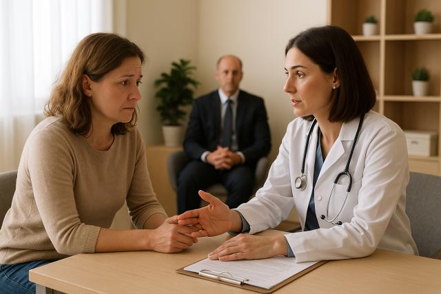 Concerned adult woman patient holding the doctor’s hand during a gentle consultation about possible UTI misdiagnosis, with a discreet legal advisor seated in the background of a softly lit, calm medical office.
