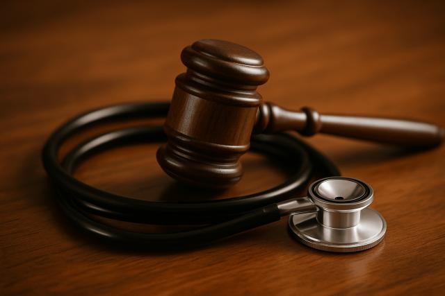 A gavel rests on a stethoscope, symbolizing the intersection of law and medicine