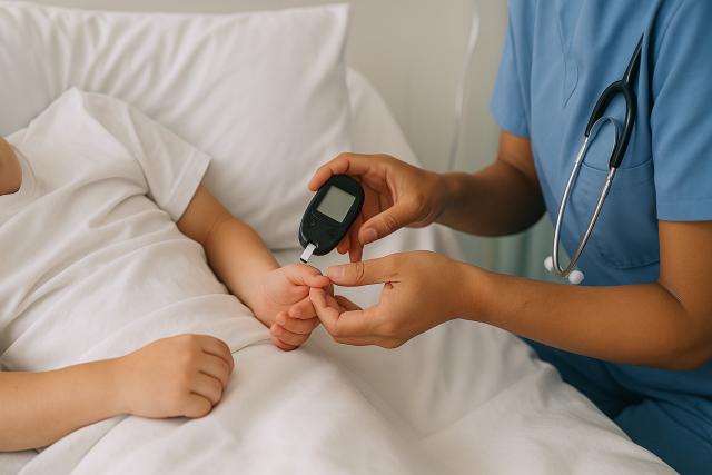 A young child lying in a hospital bed while a nurse checks the child's blood sugar levels