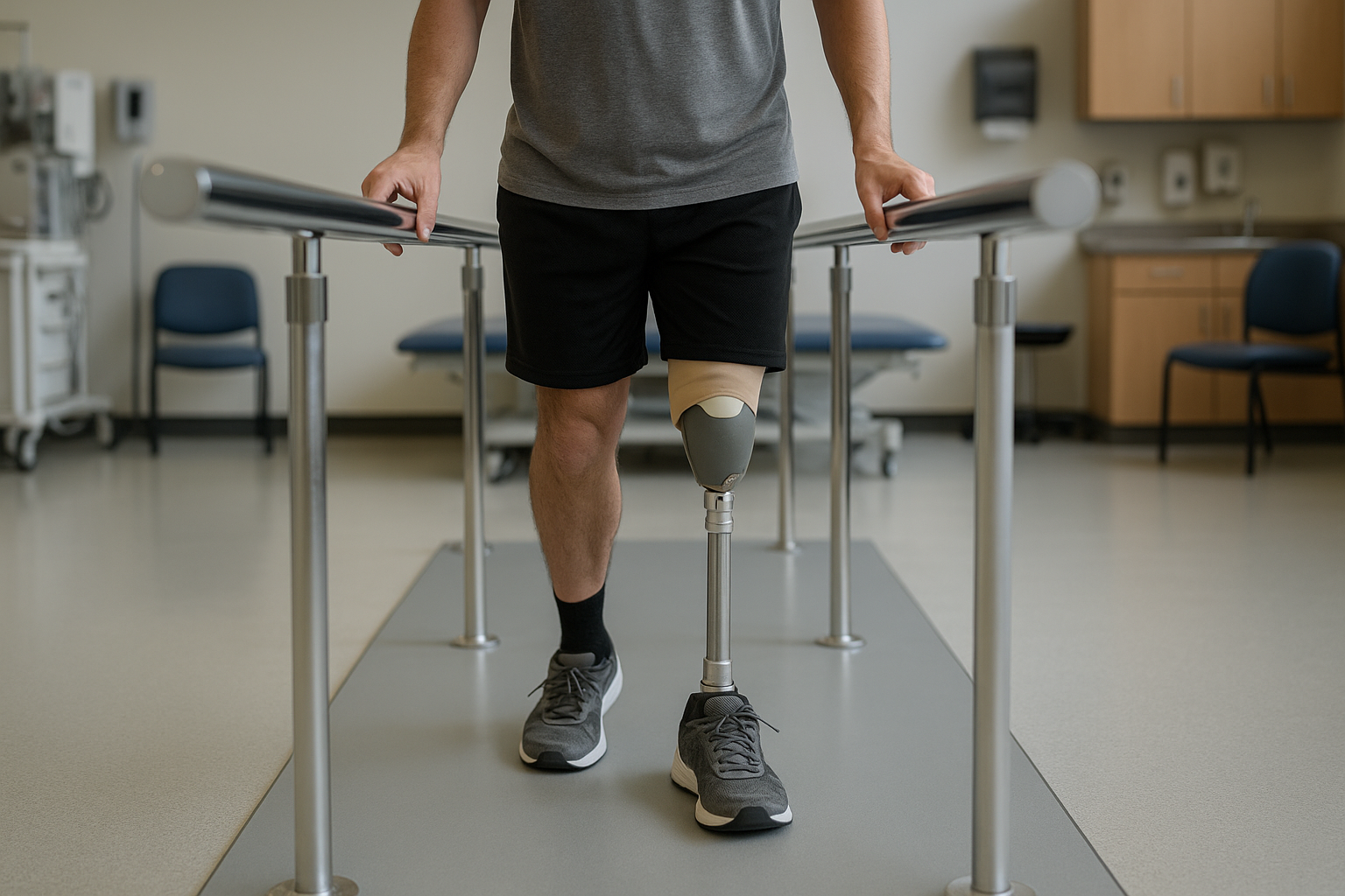 Above-knee amputee with a prosthetic leg relearning to walk
