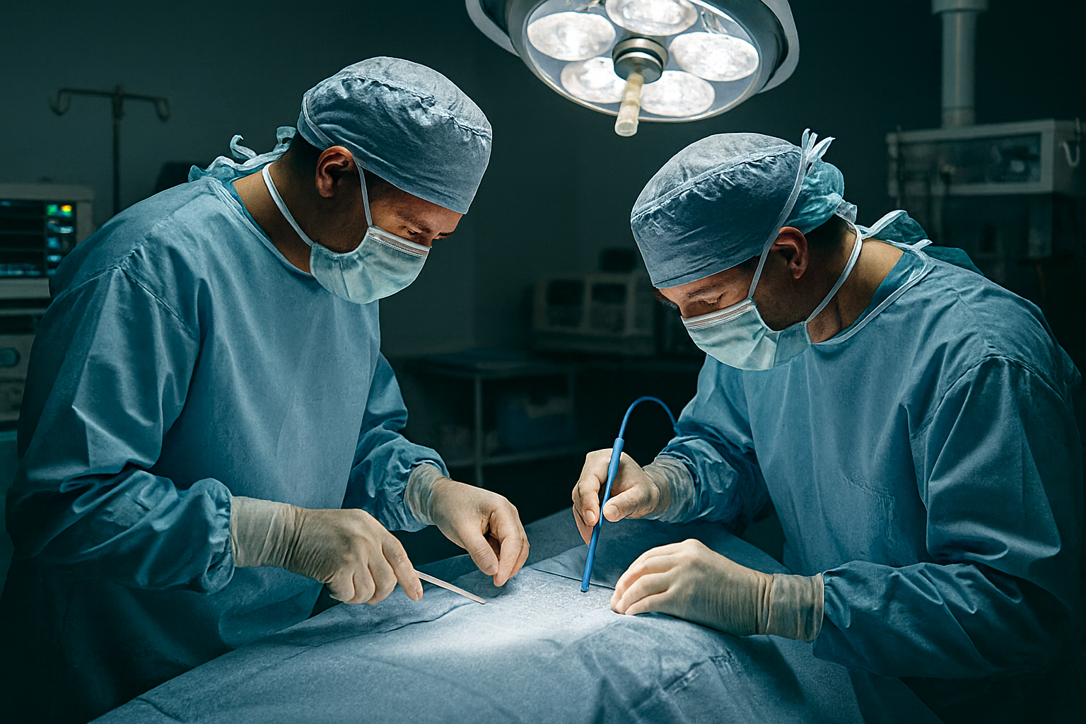Surgeons in an operating room performing emergency surgery to remove infected tissue