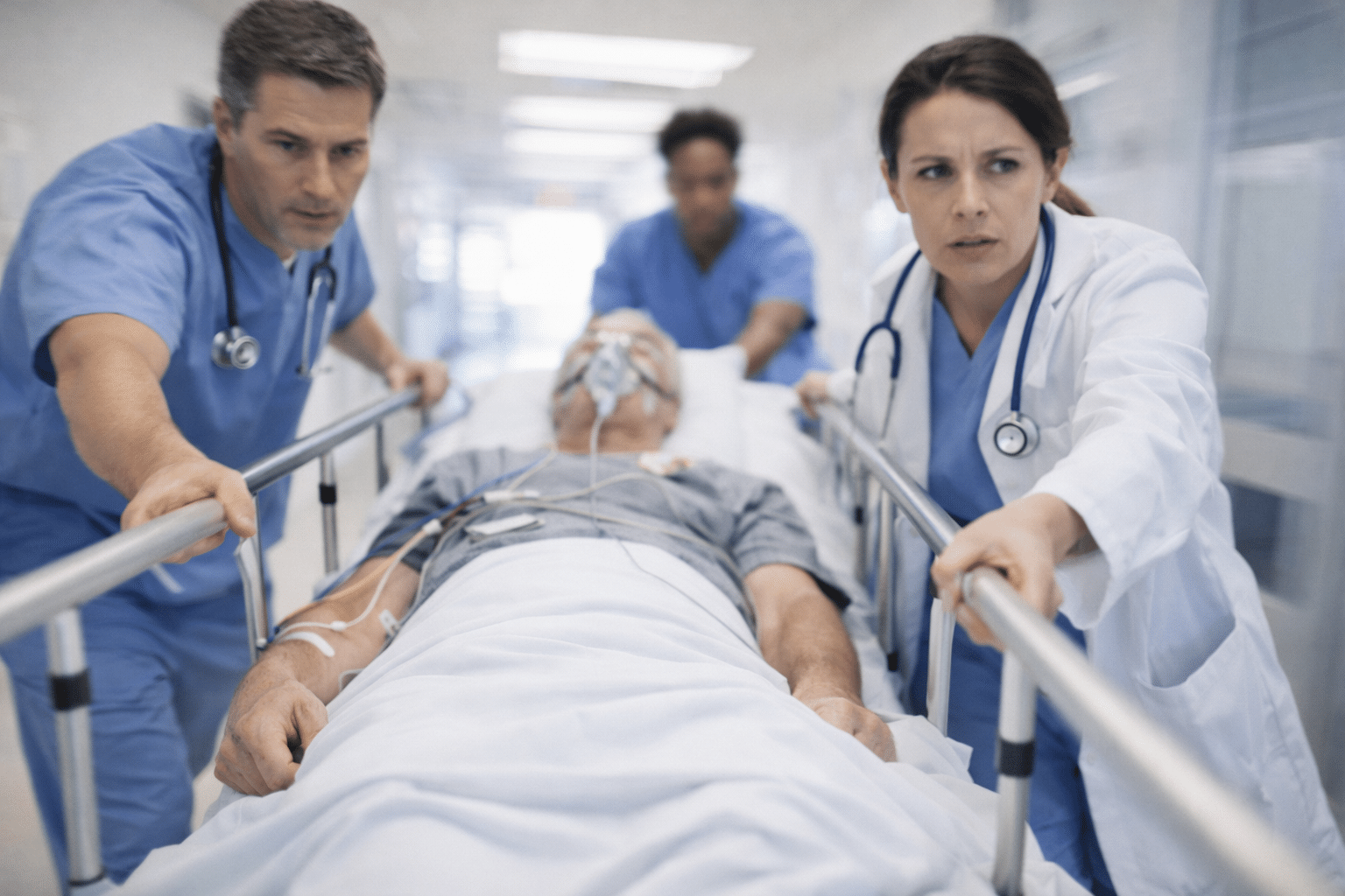 Emergency room doctors rushing a patient on a gurney, illustrating a stroke code situation.