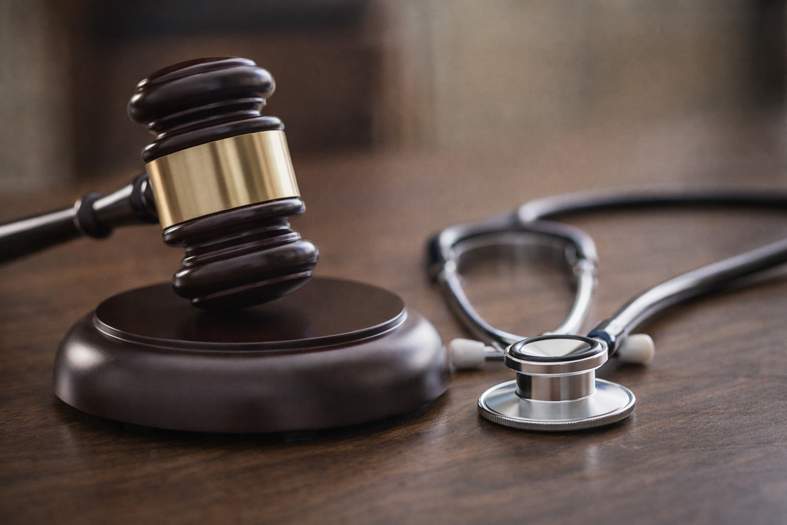 Judge's gavel and a stethoscope symbolizing medical discipline and legal action