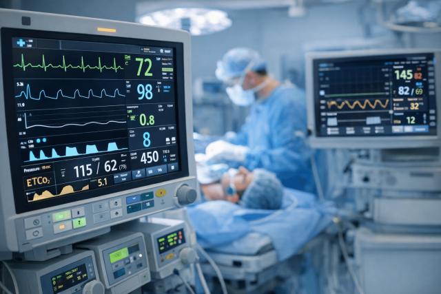 Operating room monitors tracking a patient's vital signs during anesthesia