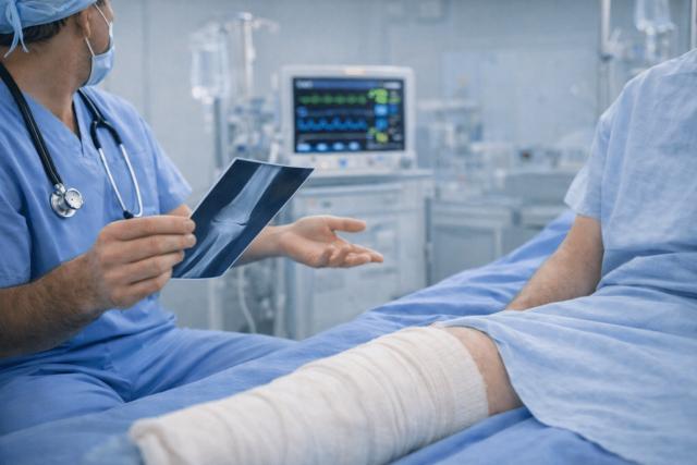 Surgeon consulting with a patient who has a bandaged limb