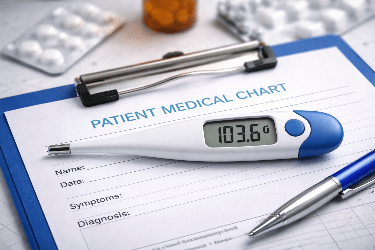 Thermometer reading a high fever next to a medical chart, symbolizing a persistent fever misdiagnosed as a minor illness