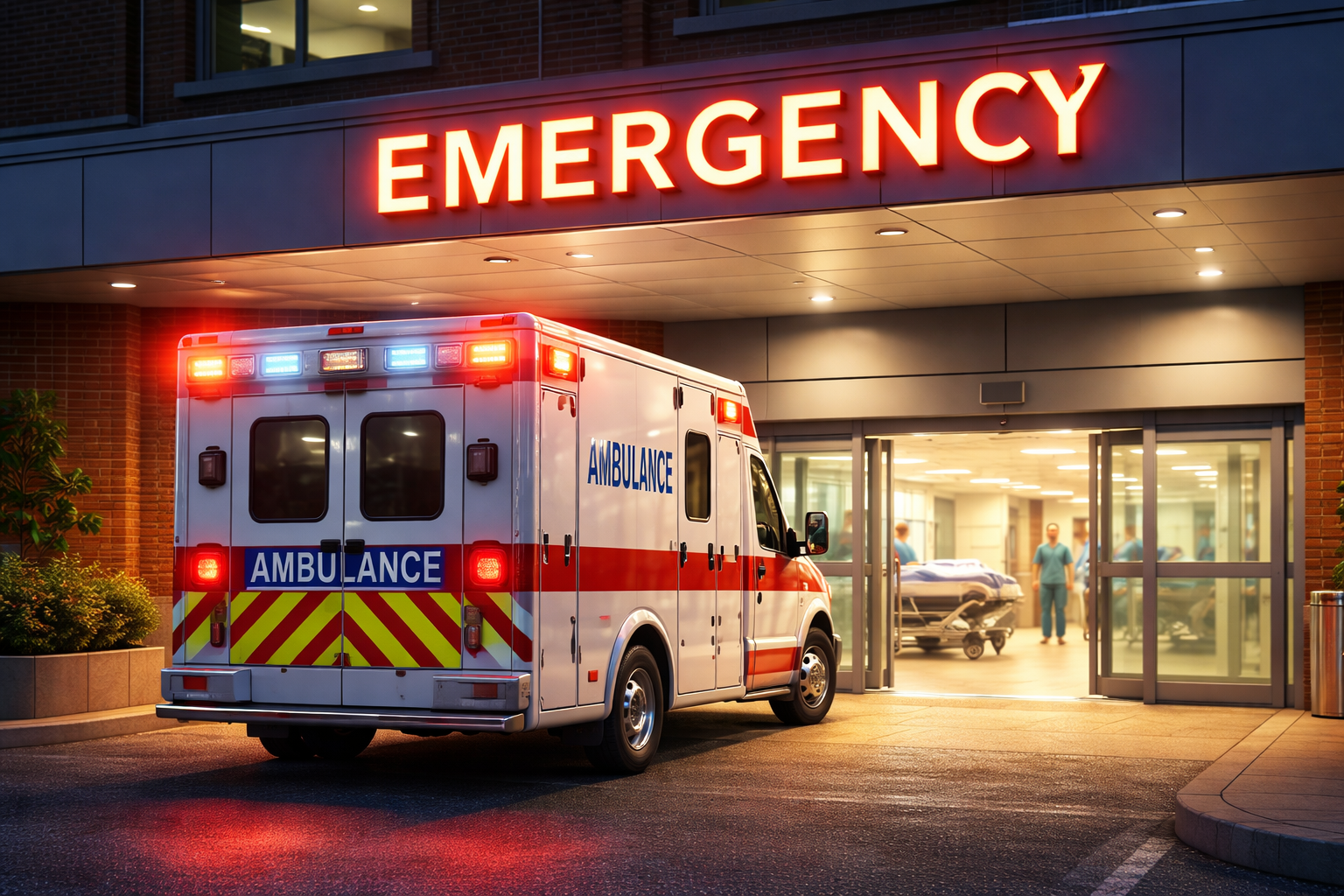 ambulance parked at a hospital emergency entrance, representing urgent care to hospital transfer
