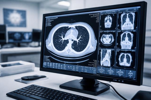 CT scan monitor displaying chest imaging in a hospital radiology reading room