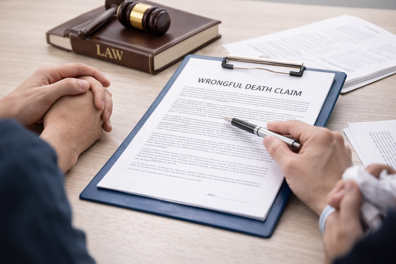 Georgia family reviewing legal documents with attorney after wrongful death from medical malpractice