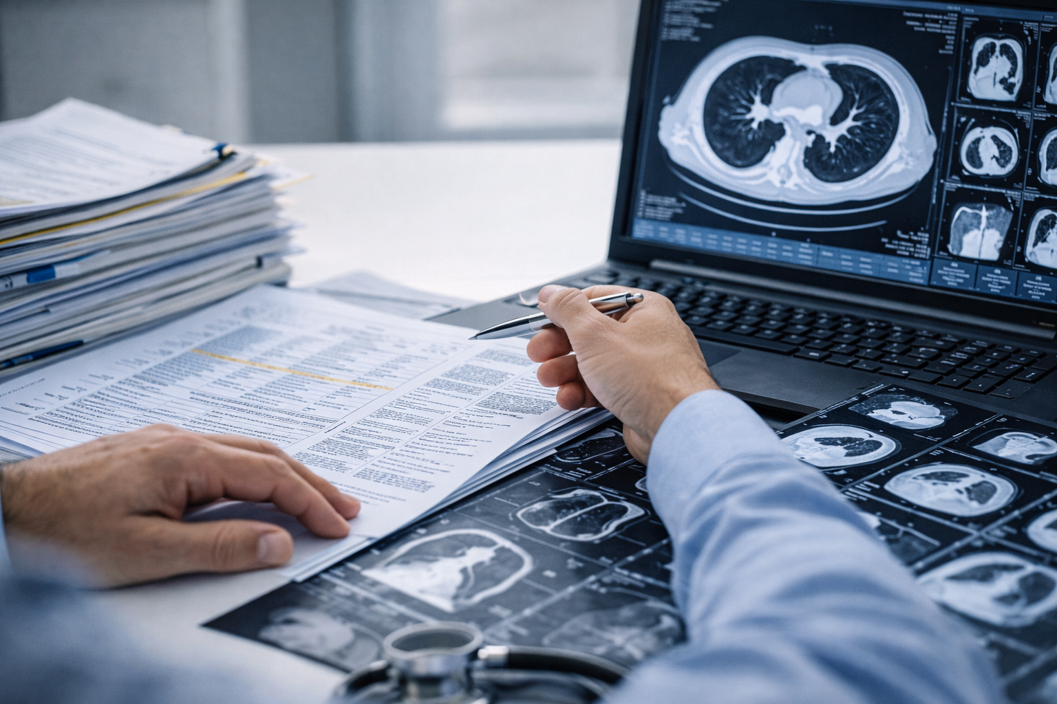 Medical expert witness reviewing diagnostic imaging and hospital records