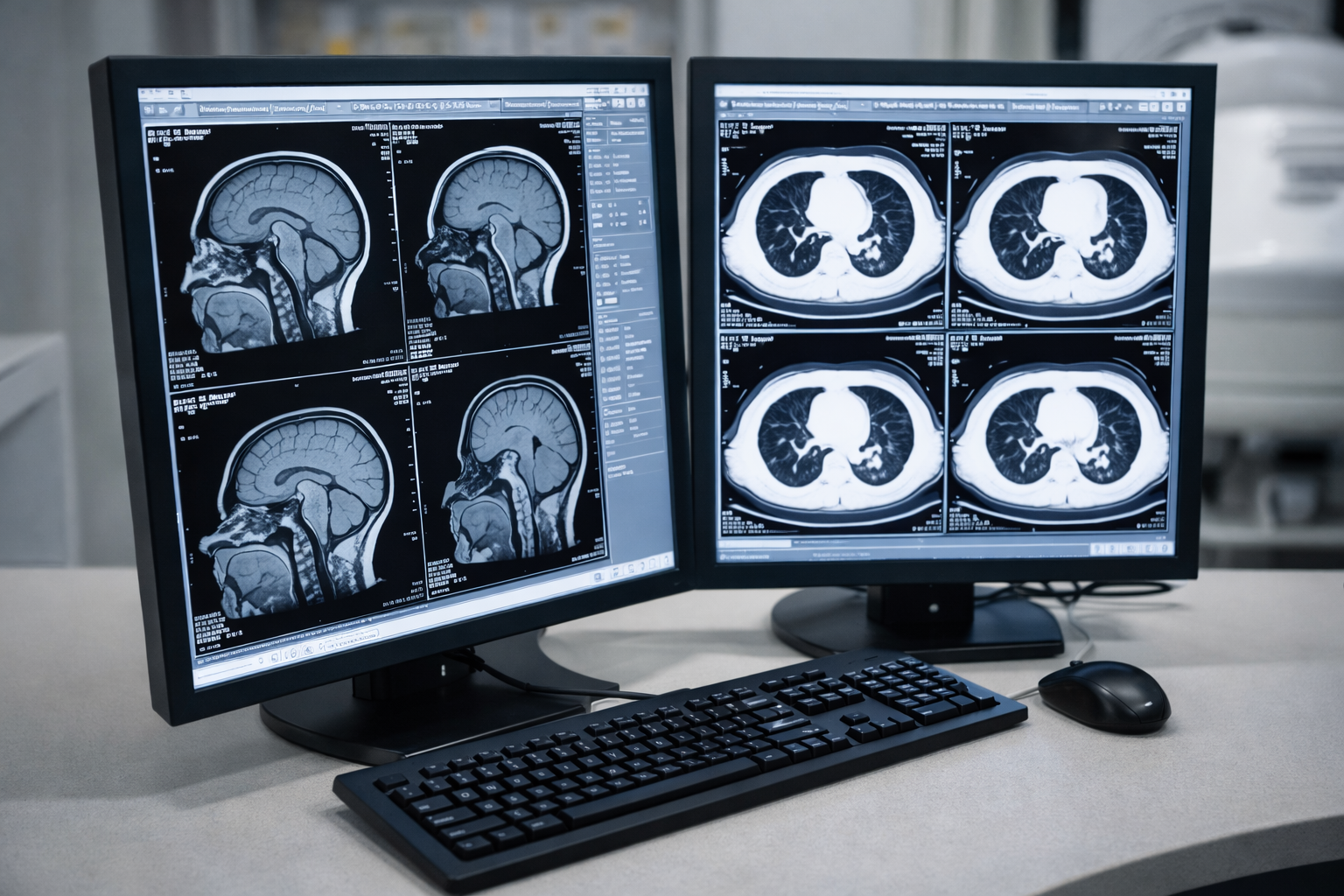 Radiologist physician reviewing diagnostic imaging scans on dual monitors