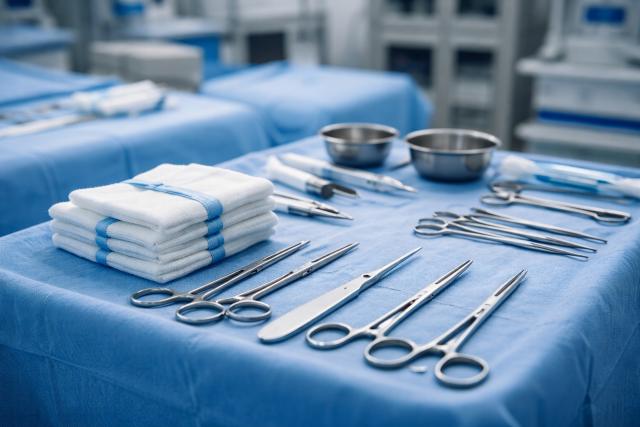surgical instruments and sponges arranged on a sterile tray in an operating room